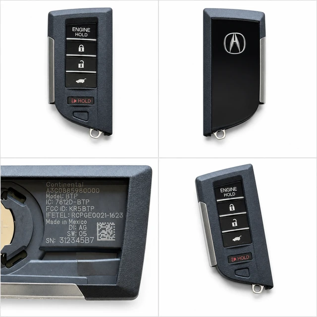 NEW OEM Acura 5-Button Smart Key Fob — 72147-3S5-C01 / KR5BTP — front, complete back, identification label and angled view