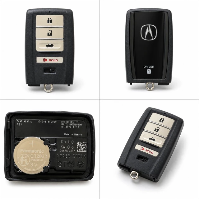 NEW OEM 2021–2023 Acura TLX Smart Key Fob Driver 1 — 72147-TGV-A01 / KR5T21 — front, complete back, identification label and angled view