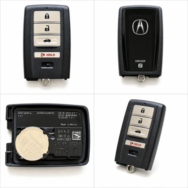 NEW OEM 2021–2023 Acura TLX Smart Key Fob Driver 2 — 72147-TGV-A11 / KR5T21 — front, complete back, identification label and angled view