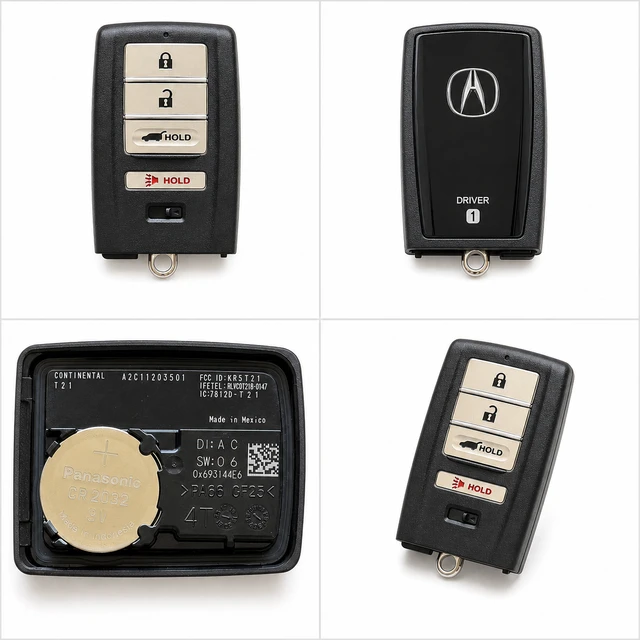 NEW OEM 2019–2021 Acura RDX Smart Key Fob Driver 1 — 72147-TJB-A01 / KR5T21 — front, complete back, identification label and angled view