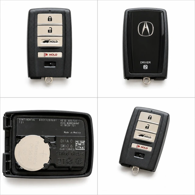 NEW OEM 2019–2021 Acura RDX Smart Key Fob Driver 2 — 72147-TJB-A11 / KR5T21 — front, complete back, identification label and angled view