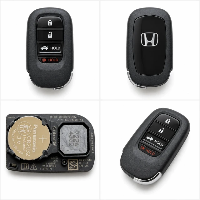 NEW OEM 2022–2026 Honda Civic LX / Si Smart Key Fob — 72147-T20-A01 / KR5TP-4 — front, complete back, identification label and angled view