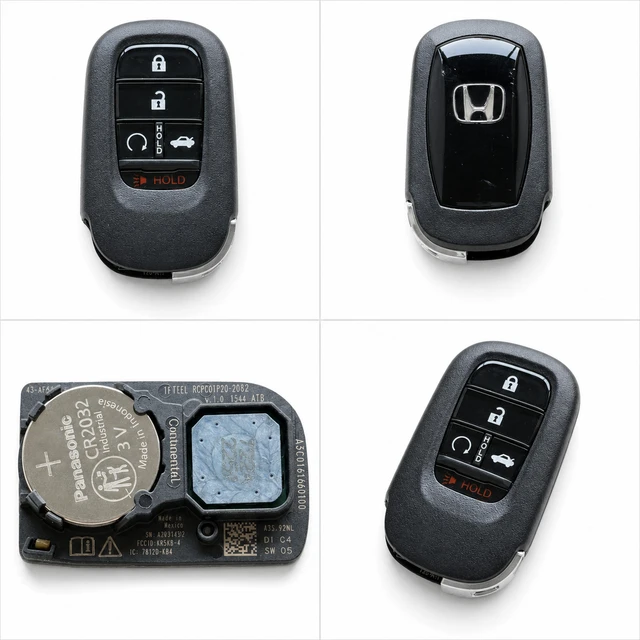 NEW OEM 2022–2026 Honda Civic / Accord Smart Key Fob — 72147-T20-A11 / KR5TP-4 — front, complete back, identification label and angled view