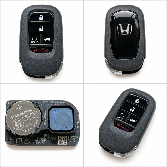 NEW OEM 2022–2026 Honda CR-V / HR-V / Pilot / Civic Smart Key Fob — 72147-T43-A11 / KR5TP-4 — front, complete back, identification label and angled view