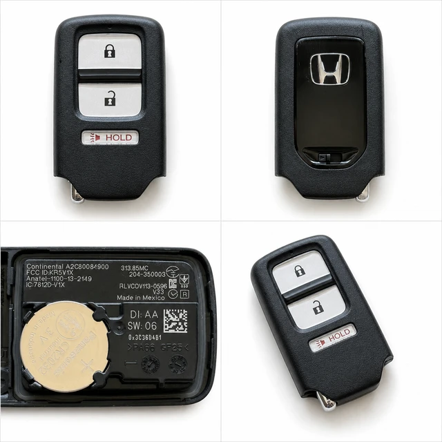 NEW OEM 2015–2017 Honda Fit / HR-V Smart Key Fob — 72147-T5A-A01 / KR5V1X — front, complete back, identification label and angled view