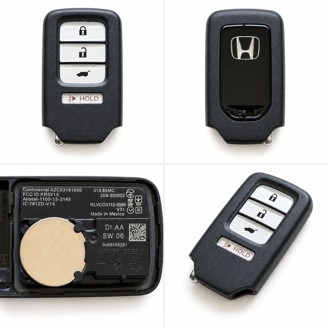 NEW OEM 2016–2022 Honda HR-V / Fit Smart Key Fob — 72147-T7S-A01 / KR5V1X — front, complete back, identification label and angled view