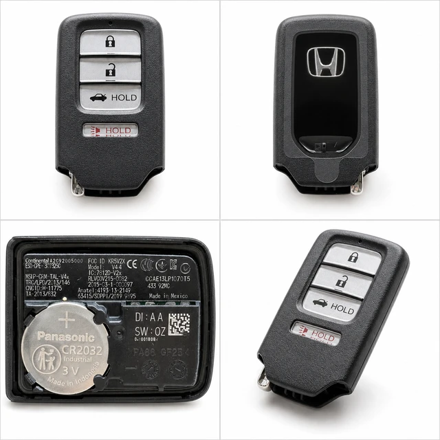 NEW OEM 2017–2020 Honda Civic Smart Key Fob — 72147-TBA-A02 / KR5V2X — front, complete back, identification label and angled view