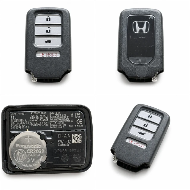 NEW OEM 2018–2020 Honda Odyssey Smart Key Fob — 72147-THR-A01 / KR5V2X V41 — front, complete back, identification label and angled view