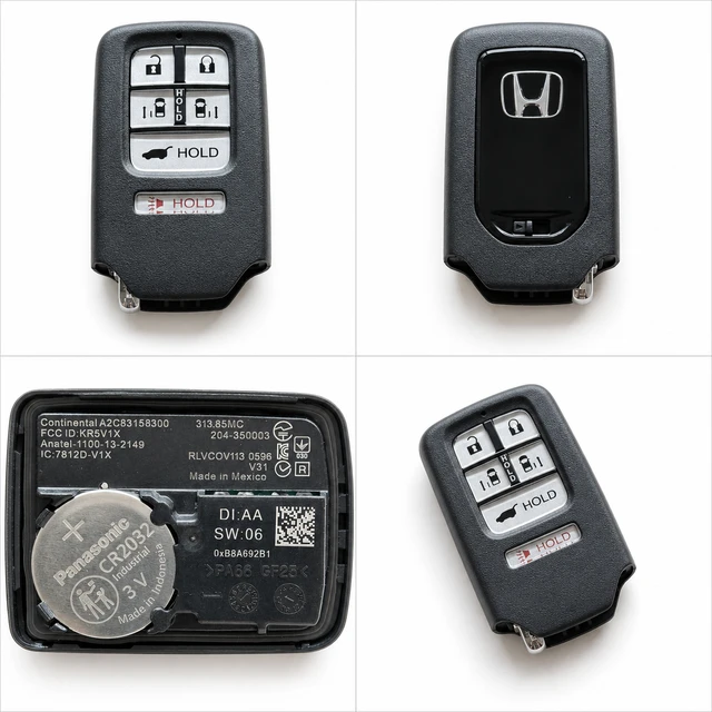 NEW OEM 2014–2017 Honda Odyssey Smart Key Fob — 72147-TK8-A51 / KR5V1X — front, complete back, identification label and angled view
