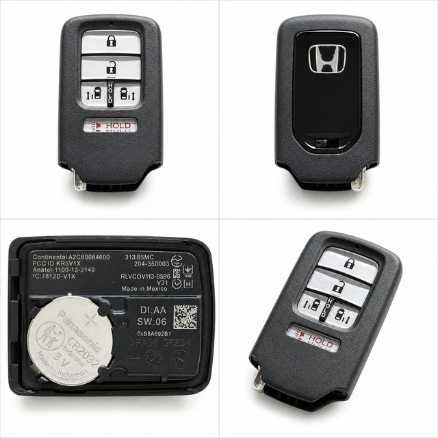 NEW OEM 2014–2017 Honda Odyssey Smart Key Fob — 72147-TK8-A81 / KR5V1X — front, complete back, identification label and angled view