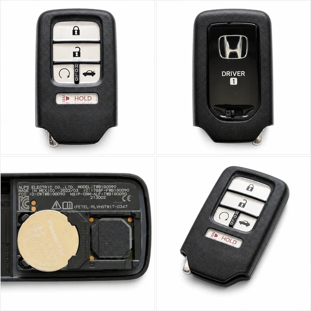 NEW OEM 2018–2020 Honda Accord Smart Key Fob — 72147-TVA-A21 / CWTWB1G0090 — front, complete back, identification label and angled view