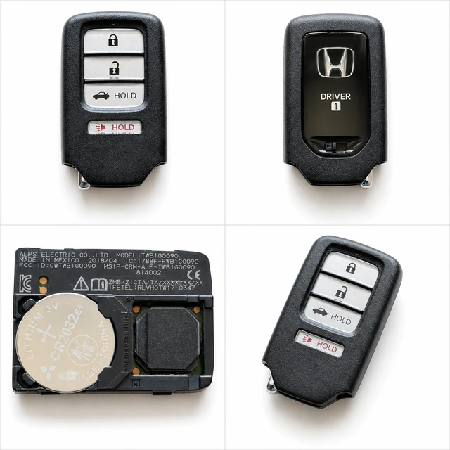 NEW OEM 2018–2020 Honda Accord Sport Smart Key Fob — 72147-TVA-X11 / CWTWB1G0090 — front, complete back, identification label and angled view