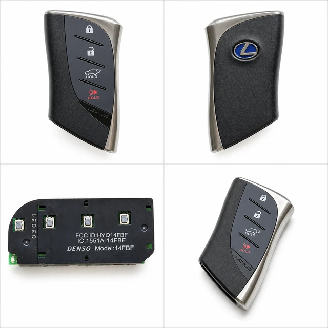 NEW OEM 2019–2021 Lexus UX200 / UX250h Smart Key Fob — 8990H-76040 / HYQ14FBF — front, complete back, identification label and angled view