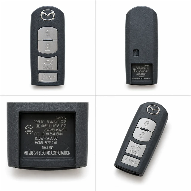 NEW OEM 2014–2019 Mazda 3 / Mazda 6 / MX-5 Miata Smart Key Fob — GJY9-67-5DY / WAZSKE13D01 — front, complete back, identification label and angled view
