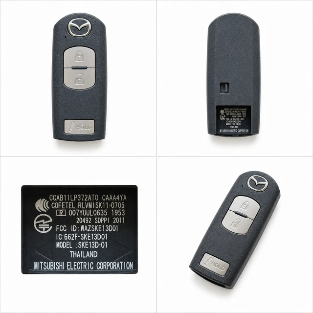 NEW OEM 2012–2020 Mazda 3 / CX-3 / CX-5 Smart Key Fob — KDY3-67-5DY-D01 / WAZSKE13D01 — front, complete back, identification label and angled view