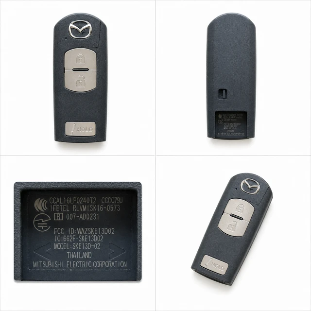 NEW OEM 2012–2020 Mazda 3 / CX-3 / CX-5 / CX-9 Smart Key Fob — KDY3-67-5DY-D02 / WAZSKE13D02 — front, complete back, identification label and angled view