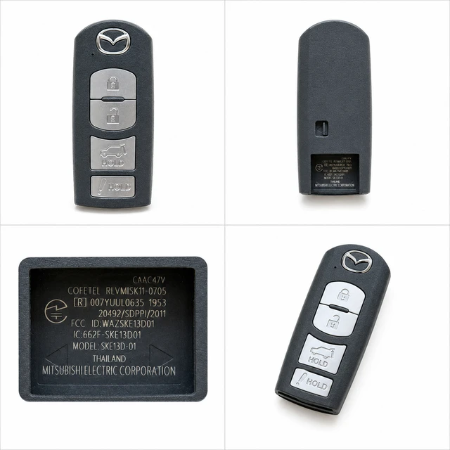 NEW OEM 2016–2019 Mazda CX-5 / CX-9 Smart Key Fob — TKY2-67-5DY / WAZSKE13D01 — front, complete back, identification label and angled view