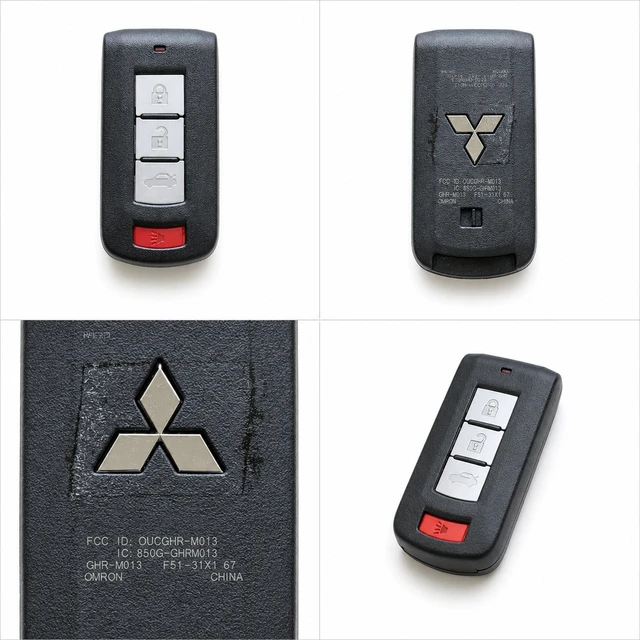 NEW OEM 2024–2025 Mitsubishi Eclipse Cross Smart Key Fob — 285E3W650P / OUCGHR-M013 — front, complete back, identification label and angled view