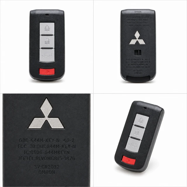 NEW OEM 2014–2020 Mitsubishi Outlander Smart Key Fob — 8637A817 / OUC644M-KEY-N — front, complete back, identification label and angled view