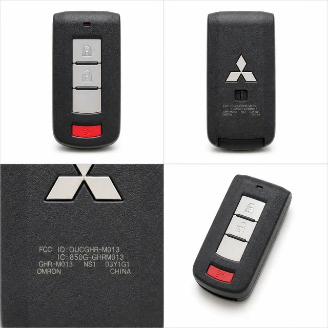 NEW OEM 2018–2022 Mitsubishi Eclipse Cross / 2019–2020 Mirage Smart Key Fob — 8637B639 / OUCGHR-M013 — front, complete back, identification label and angled view