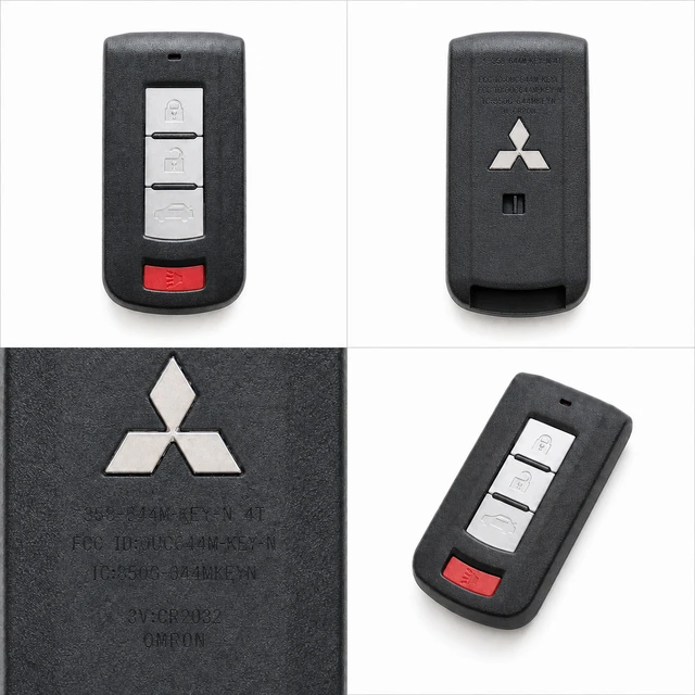NEW OEM 2008–2017 Mitsubishi Lancer Smart Key Fob — 8637B885 / OUC644M-KEY-N — front, complete back, identification label and angled view