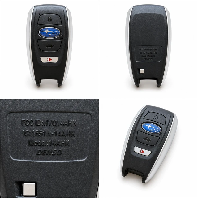 NEW OEM 2017–2025 Subaru Smart Key Fob — HYQ14AHK-4B / HYQ14AHK — front, complete back, identification label and angled view