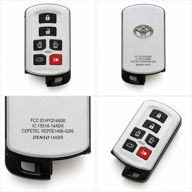 NEW OEM 2011–2020 Toyota Sienna Smart Key Fob — 89904-08010 / HYQ14ADR — front, complete back, identification label and angled view