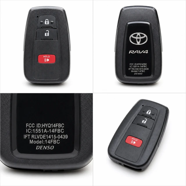 NEW OEM 2019–2022 Toyota RAV4 Smart Key Fob — 8990H-0R010 / HYQ14FBC — front, complete back, identification label and angled view