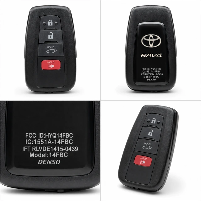 NEW OEM 2019–2025 Toyota RAV4 Smart Key Fob — 8990H-0R030 / HYQ14FBC — front, complete back, identification label and angled view