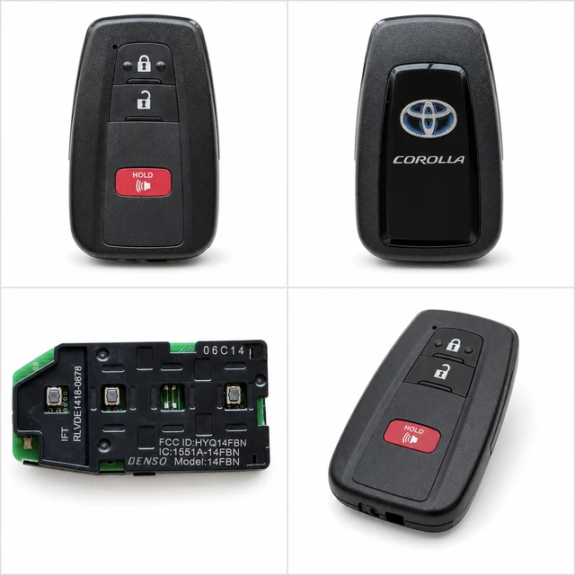 NEW OEM 2019–2023 Toyota Corolla Hatchback Smart Key Fob — 8990H-12180 / HYQ14FBN — front, complete back, identification label and angled view